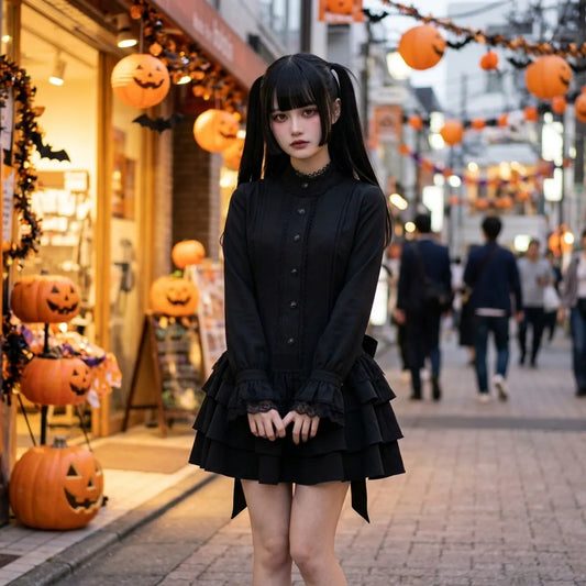 Gothic Lolita Kleid an Halloween auf einer Straße in Tokio mit Laternen und Kürbissen