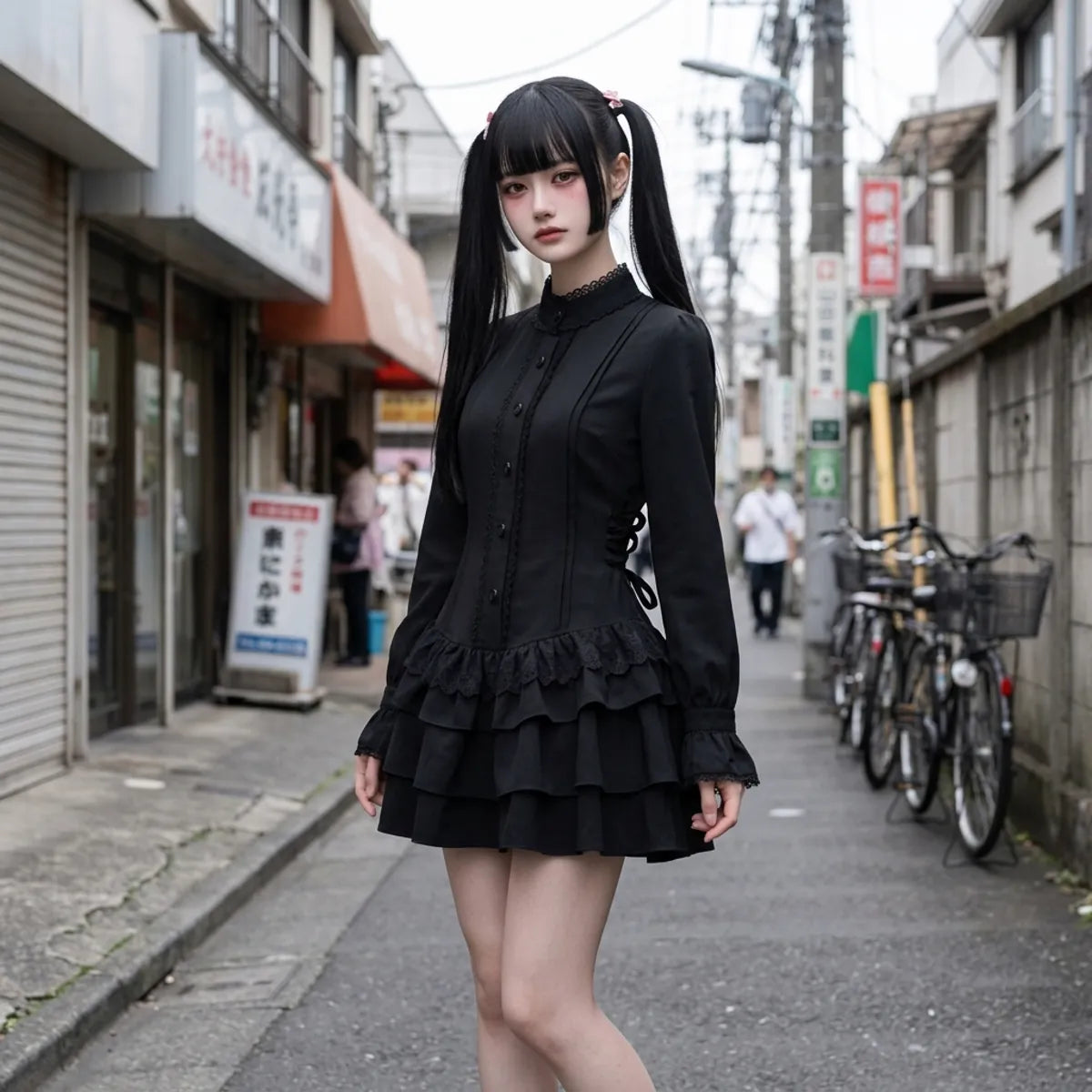 Gothic Lolita Kleid in einer Harajuku Seitenstraße mit hohem Spitzenkragen und Rüschen