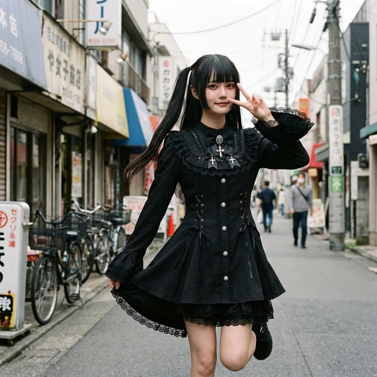 Gothic Lolita Streetstyle in Harajuku mit ausgestellten Spitzenmanschetten und volantbesetztem Saum in Bewegung