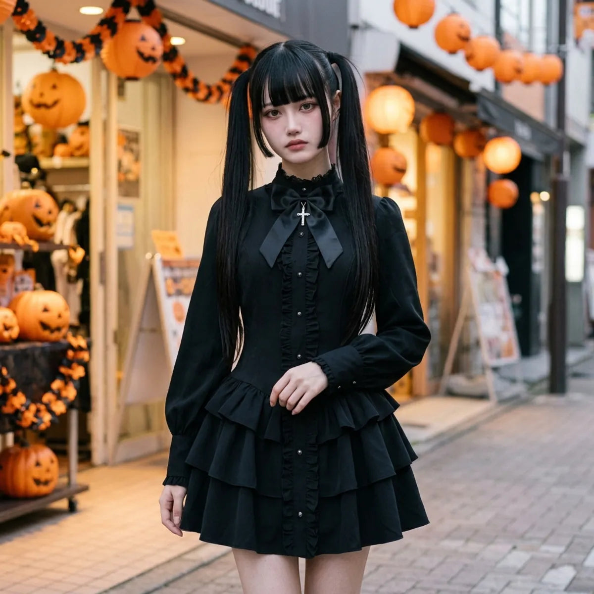Japanisches Gothic-Punk-Kleid an einer Tokioter Straße, geschnitzte Kürbisse und orangene Laternen im Hintergrund