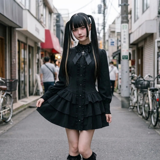 Gothic-Punk-Minikleid in einer Harajuku-Seitenstraße, Schleifenkragen und gestufte Rüschen bei Tageslicht