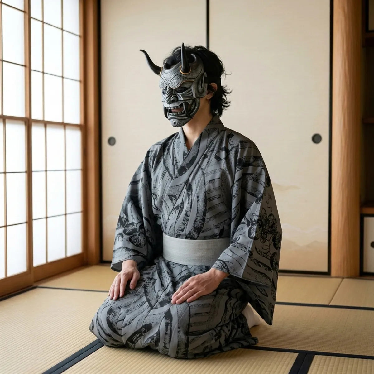 Graue Dämonenmaske in Dreiviertelansicht, kniend auf Tatami im grau gemusterten Kimono