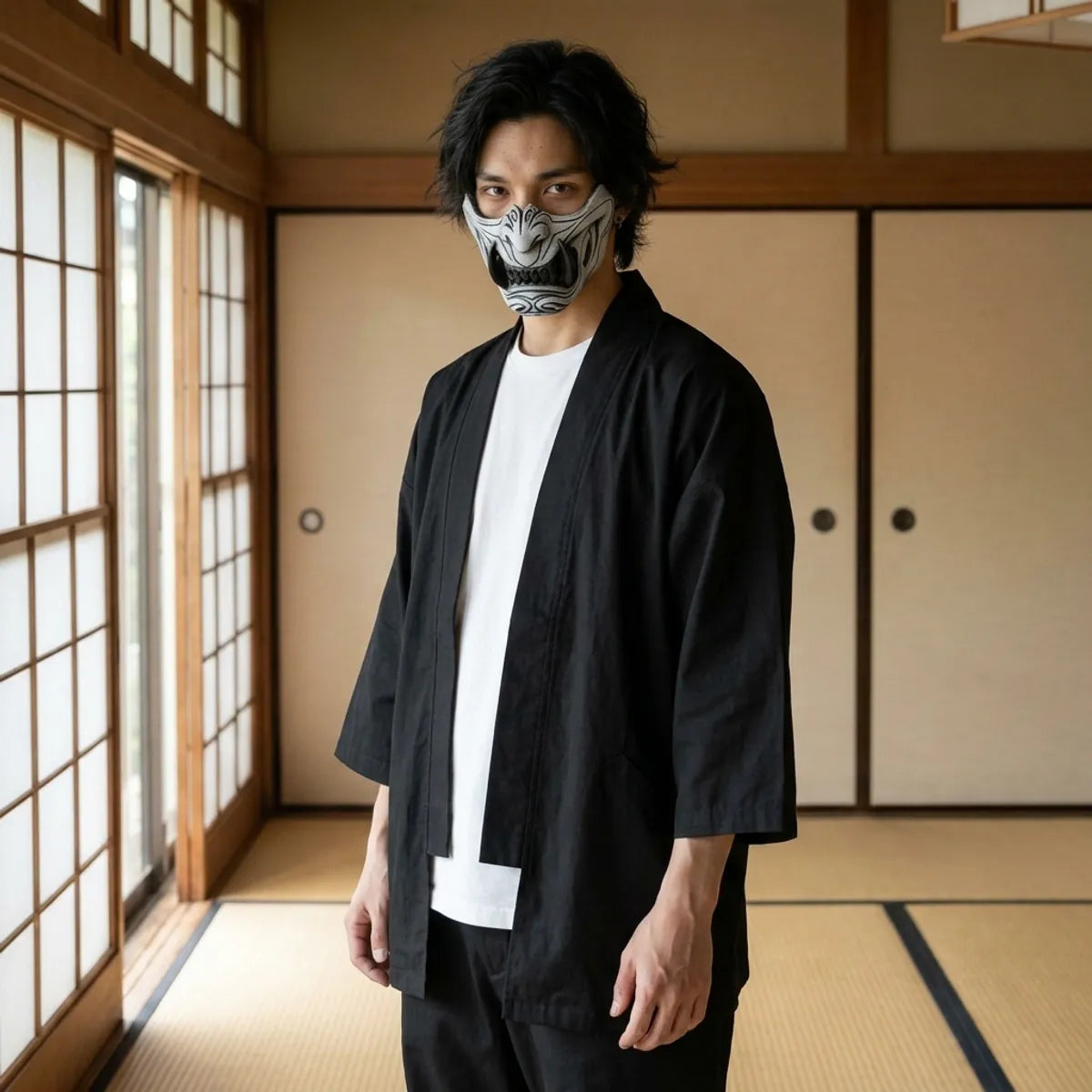 Graue Oni Halbmaske mit tiefen Rillen in einem Tatami-Raum