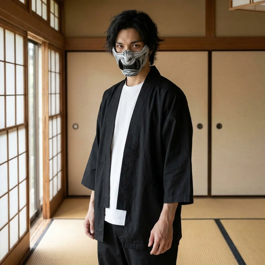 Graue Oni Halbmaske mit tiefen Rillen in einem Tatami-Raum