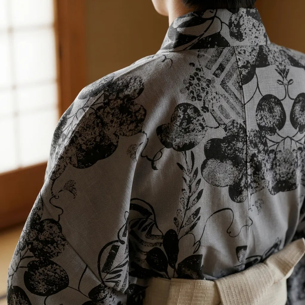 Grauer Japanischer Kimono von hinten mit lockerem Schnitt