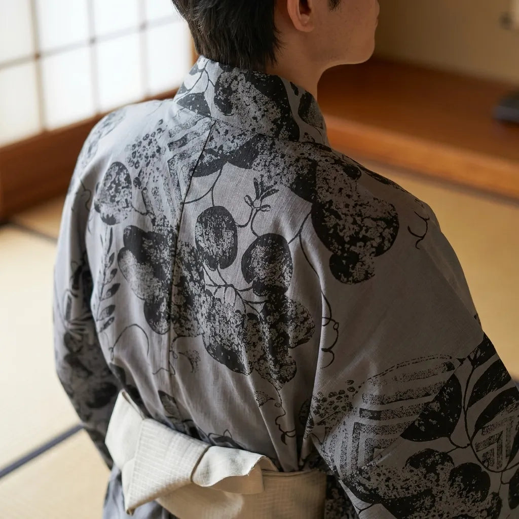 Rückansicht des grauen Kimonos für Herren im japanischen Stil