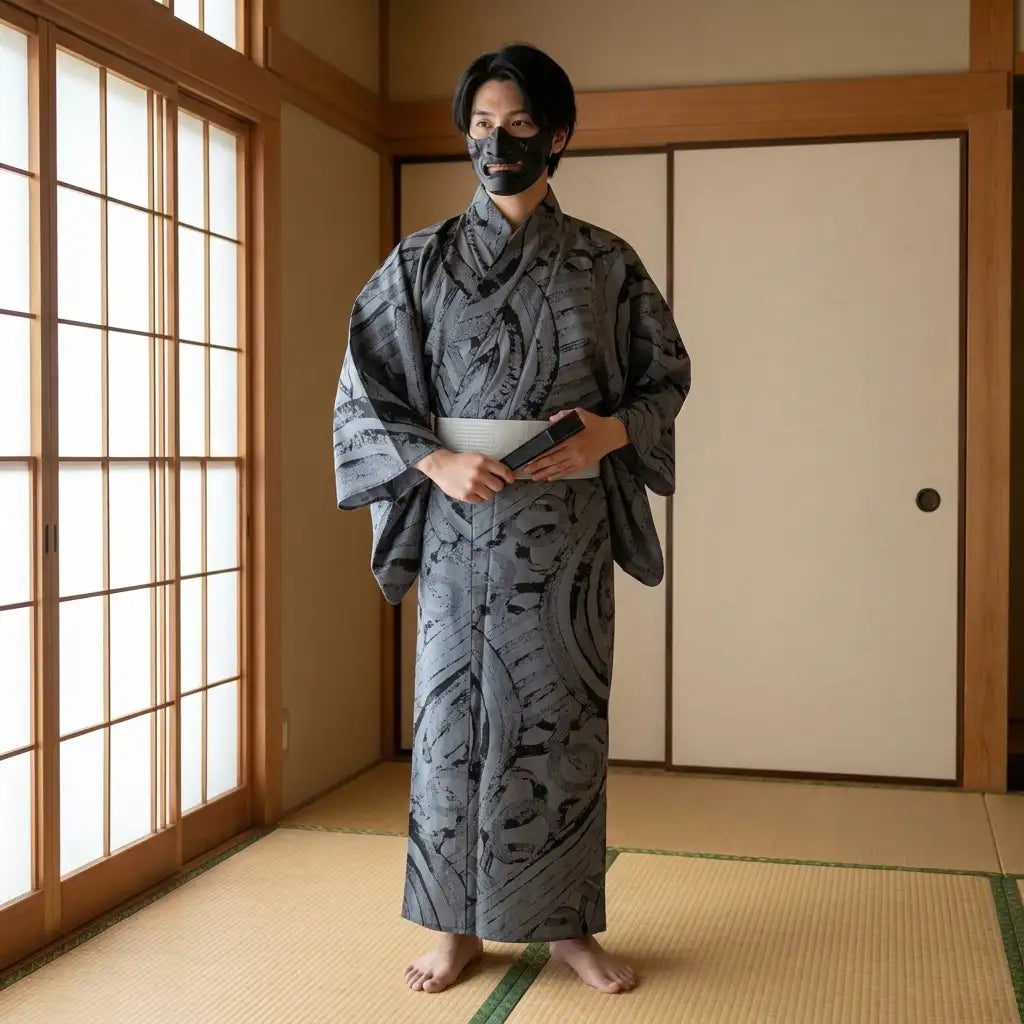 Grauer Kimono für Herren, Frontansicht mit fließendem Faltenfall