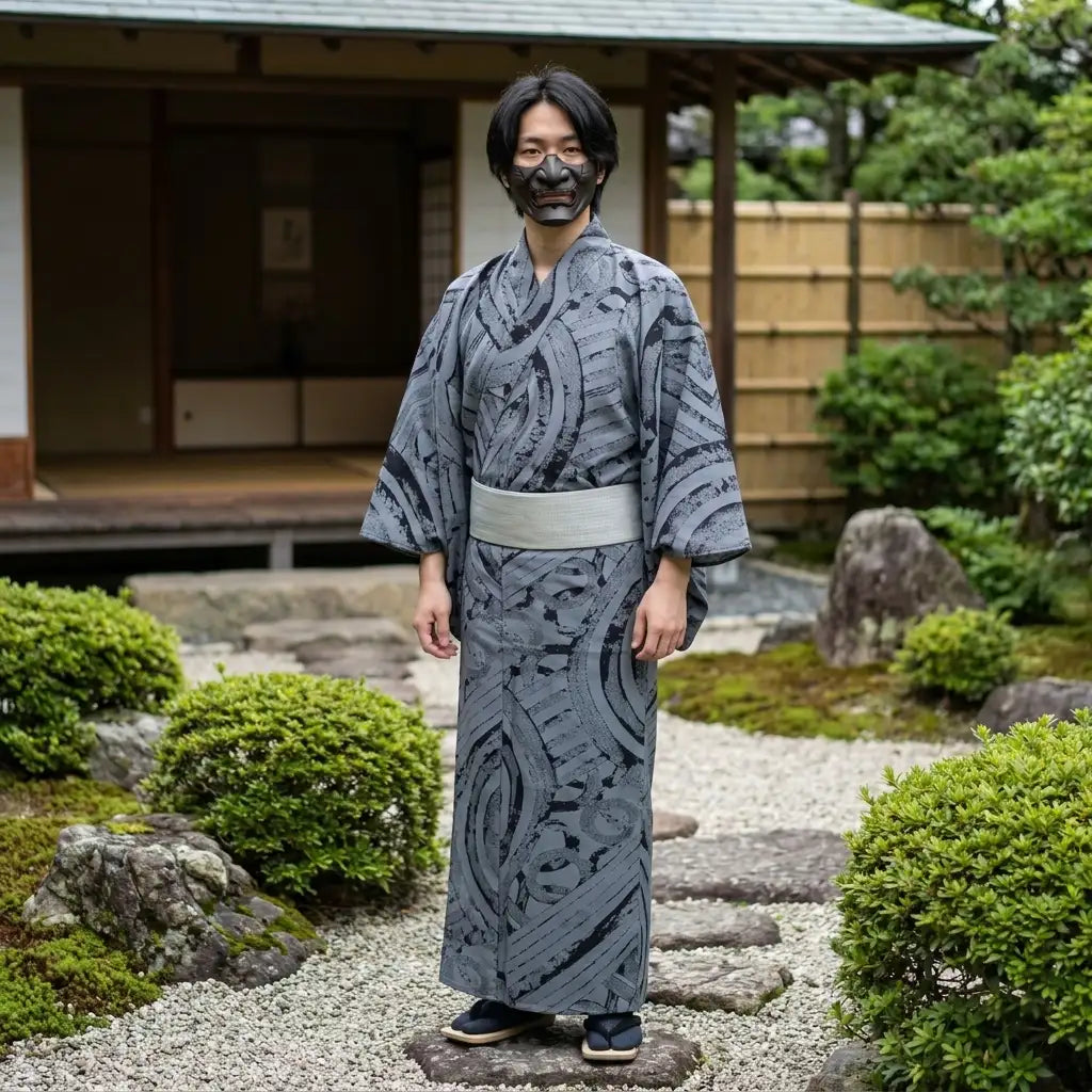Herren Kimono in Grau, Detailansicht der Vorderseite