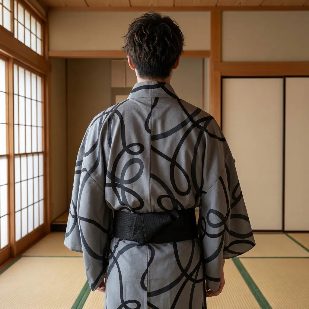 Grauer Herren-Kimono mit japanischem Muster, Rückansicht