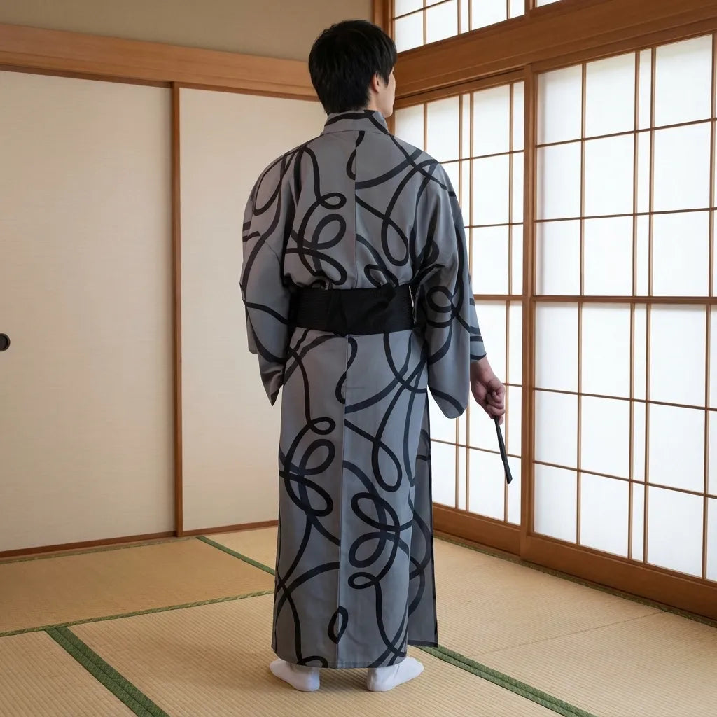 Rückansicht des grauen Kimonos mit feinem Linienmuster