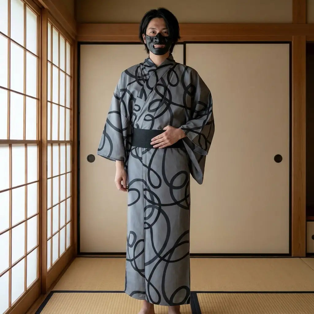 Grauer Herren-Kimono mit feinem japanischem Muster von vorne