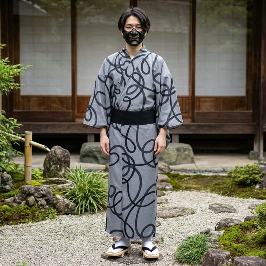 Grauer Kimono für Herren mit weiten Ärmeln, Vorderansicht