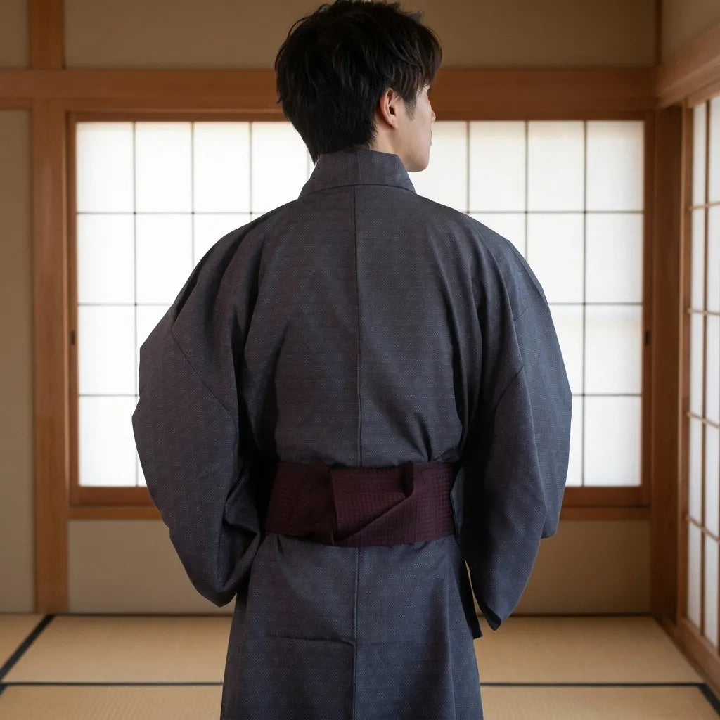 Grauer Yukata Herren Kimono in Rückansicht getragen