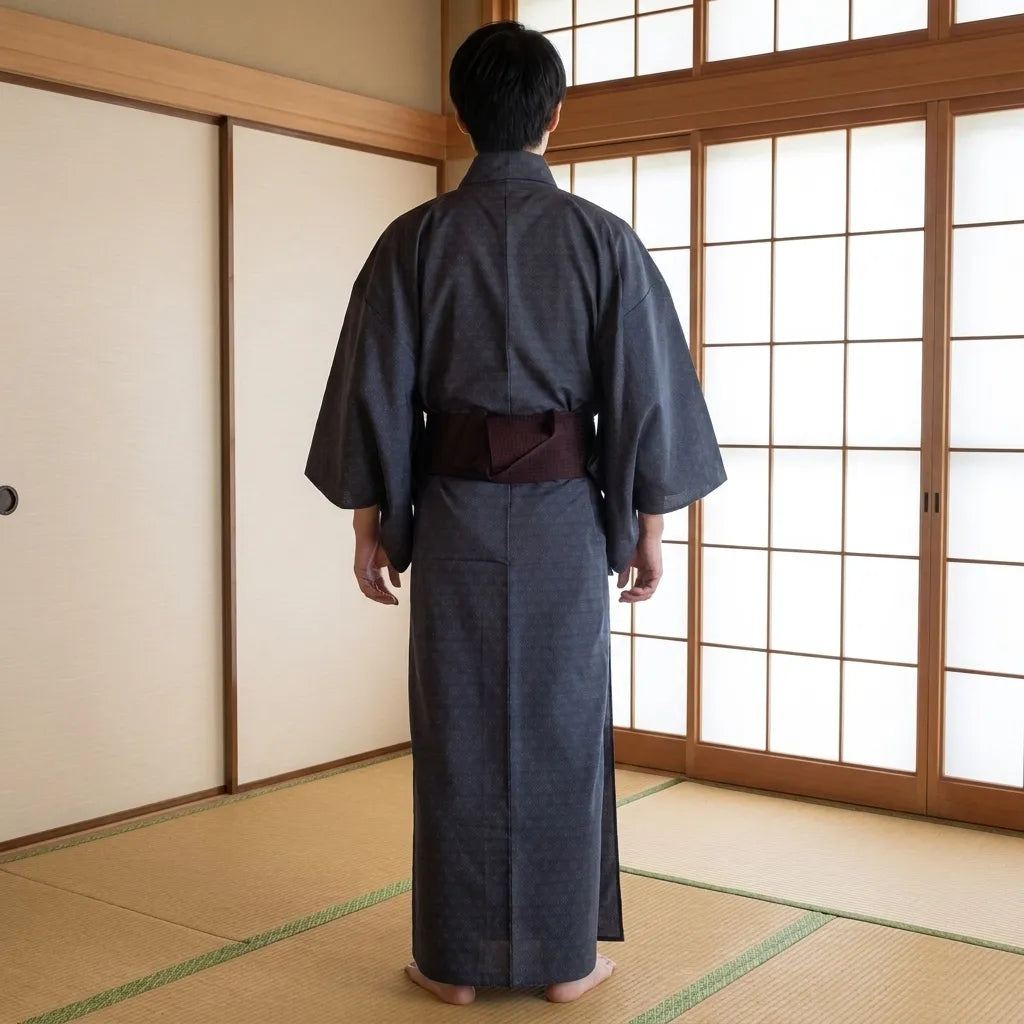 Nahaufnahme des grauen Yukata Kimono im Rückenbereich