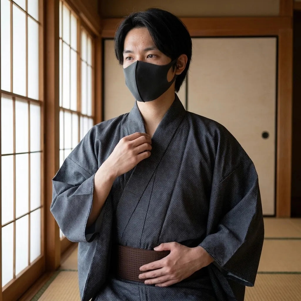 Grauer Yukata Herren Kimono seitlich getragen im Ganzen