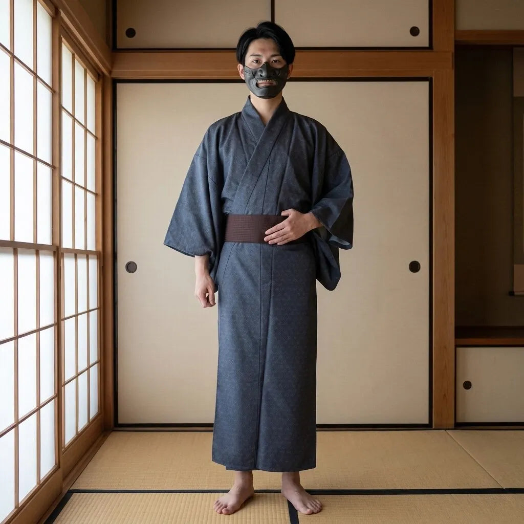 Grauer Yukata für Herren in Vorderansicht mit weiten Ärmeln
