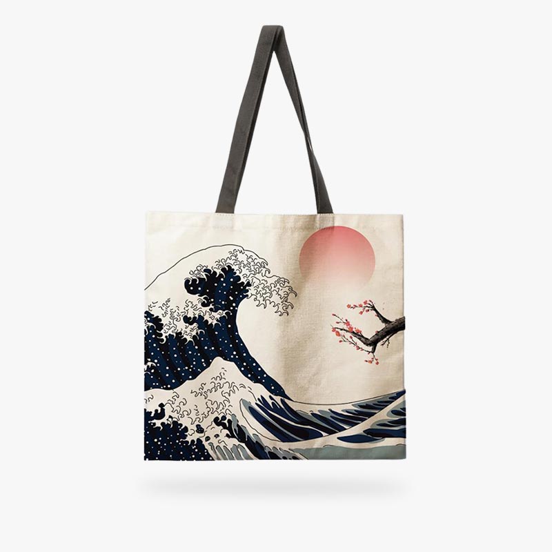 Tote Bag aus Leinen-Canvas mit Motiv der Großen Welle vor Kanagawa von Hokusai