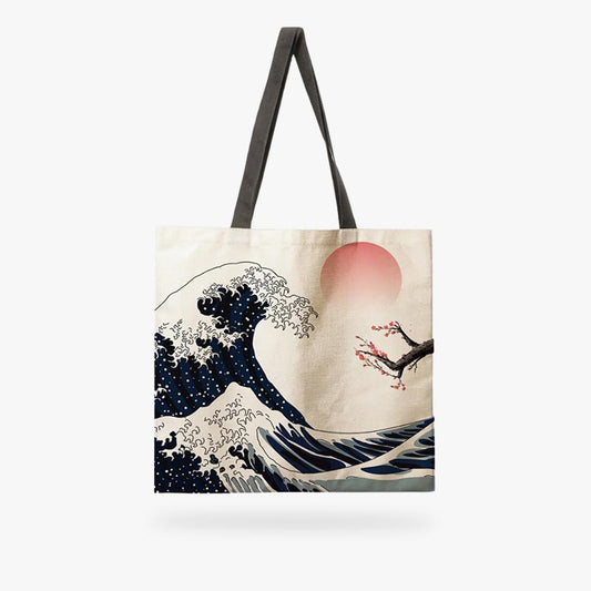Tote Bag aus Leinen-Canvas mit Motiv der Großen Welle vor Kanagawa von Hokusai