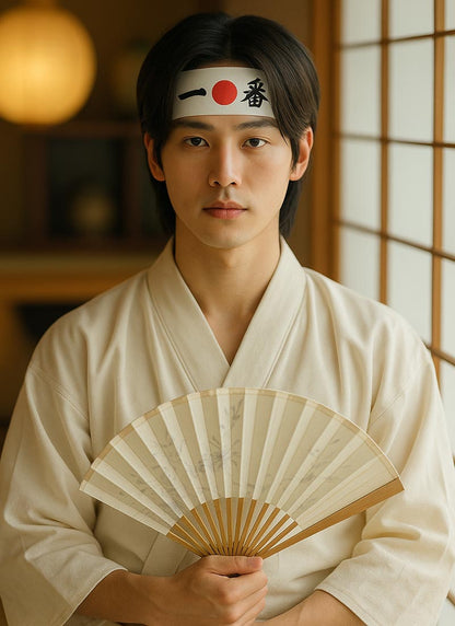 Person im traditionellen Kimono mit Fächer trägt Japanisches Hachimaki Stirnband im Haus