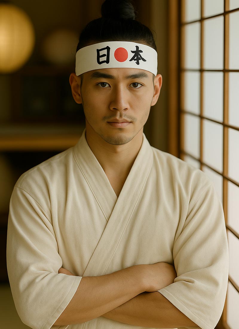 Mann trägt weißes Hachimaki Stirnband mit japanischer Kanji Schrift und traditioneller Kleidung