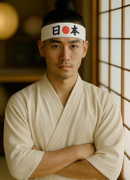 Mann trägt weißes Hachimaki Stirnband mit japanischer Kanji Schrift und traditioneller Kleidung