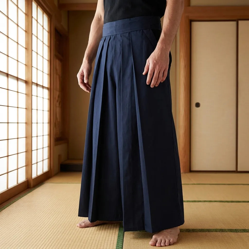 Frontansicht der Hakama Hose Herren mit traditionellen Falten am Bund