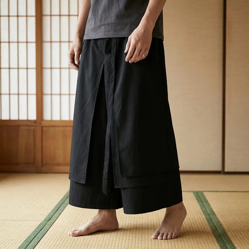 Schwarze Hakama Hose im japanischen Stil mit weitem Beinschnitt