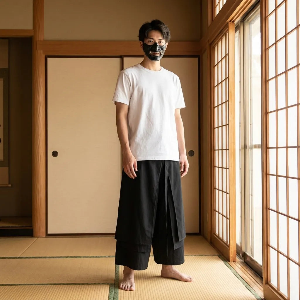 Hakama Hose kombiniert mit lockerem Oberteil für urbanen Look