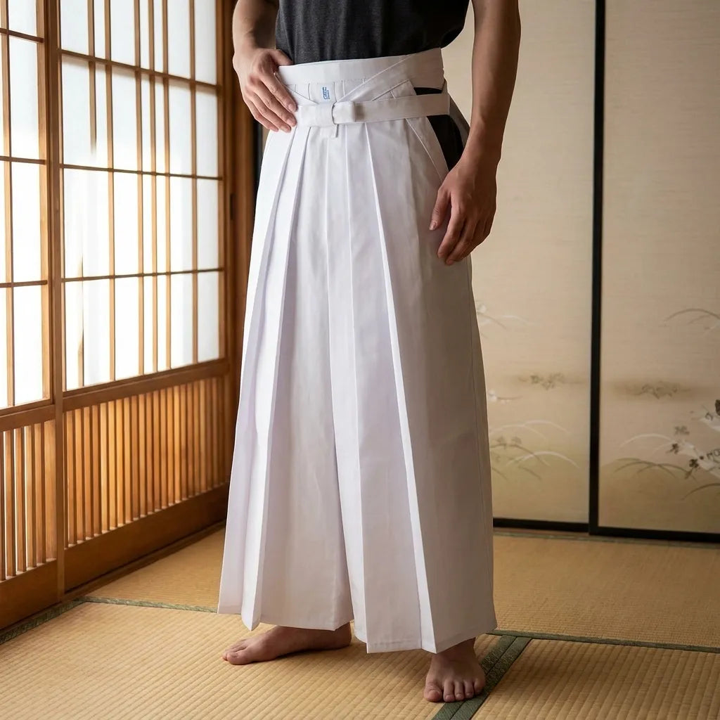 Weiße Hakama Hose mit weitem Schnitt und fließender Silhouette