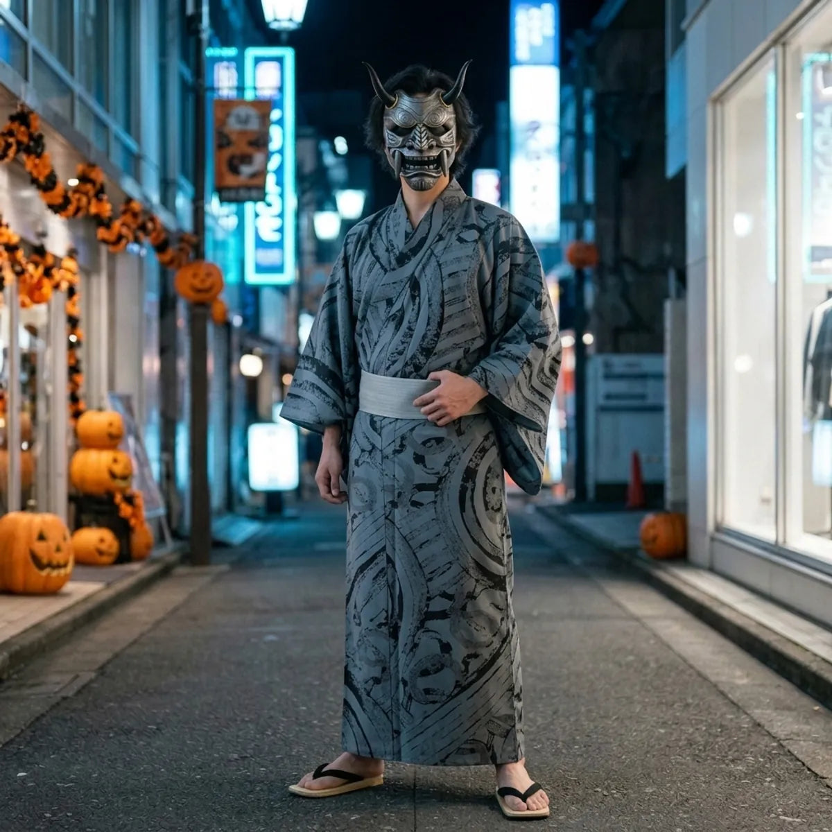 Graue Oni Maske in voller Länge mit grau gemustertem Kimono in nächtlicher Straße Tokios