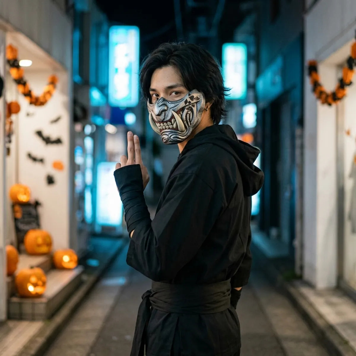 Halloween Oni Maske kombiniert mit schwarzem Ninja-Outfit in einer leeren Straße bei Nacht