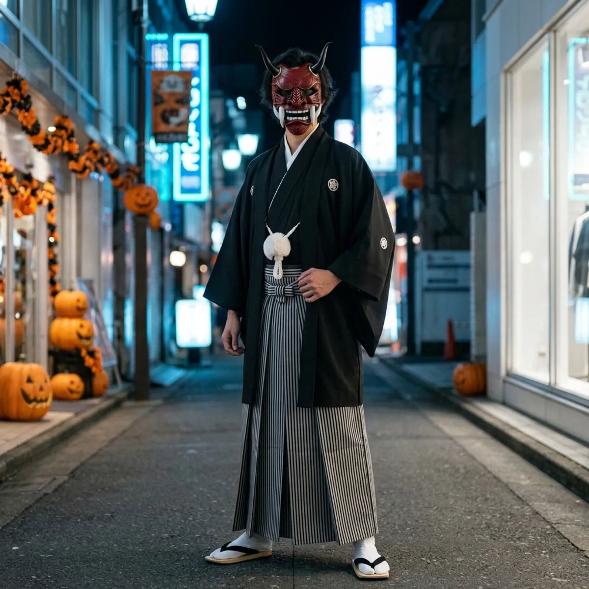 Halloween Oni Maske in voller Länge mit schwarzem Kimono und gestreifter Hakama in nächtlicher Straße in Tokio