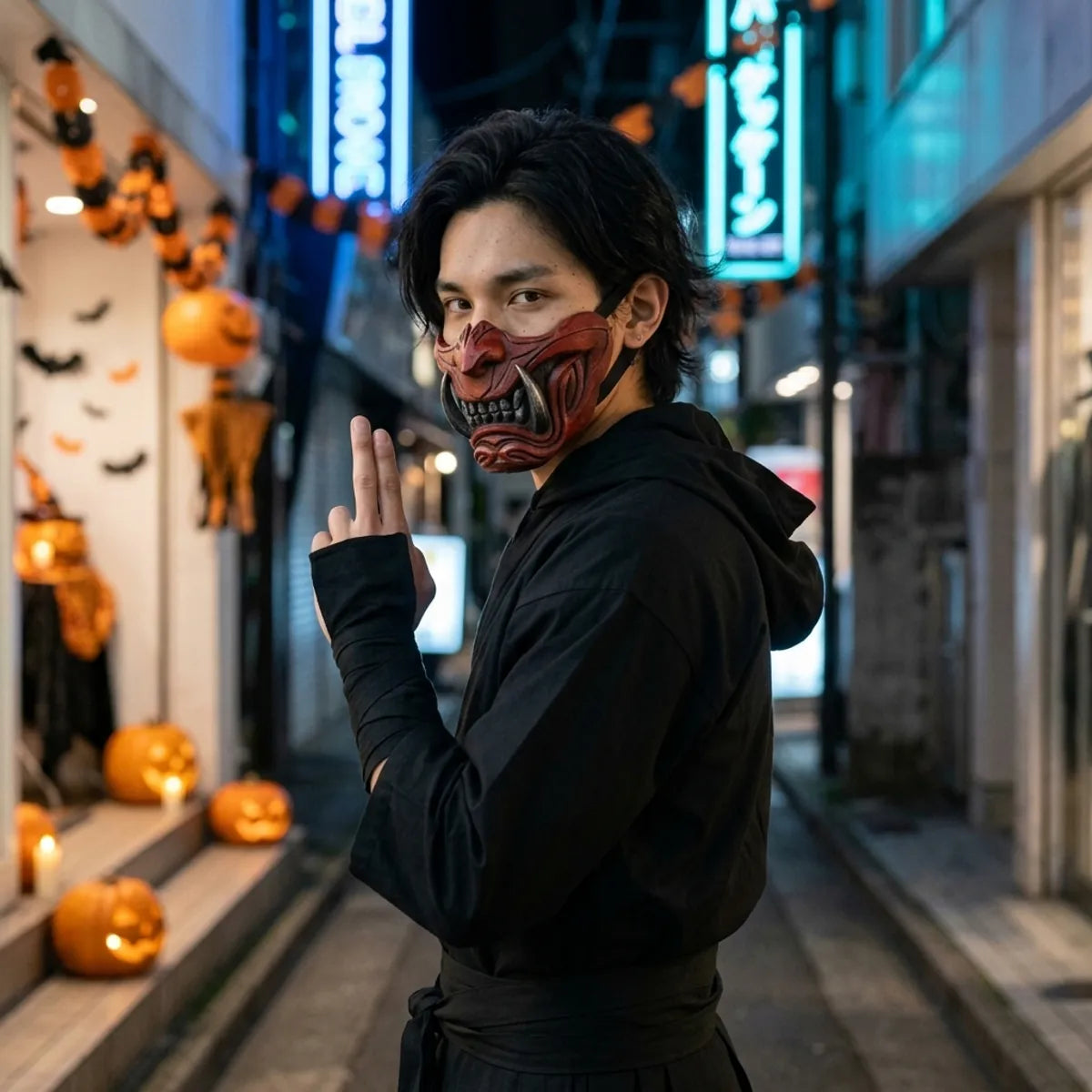 Halloween Samurai Maske kombiniert mit schwarzem Ninja-Outfit in einer leeren Straße in Tokio