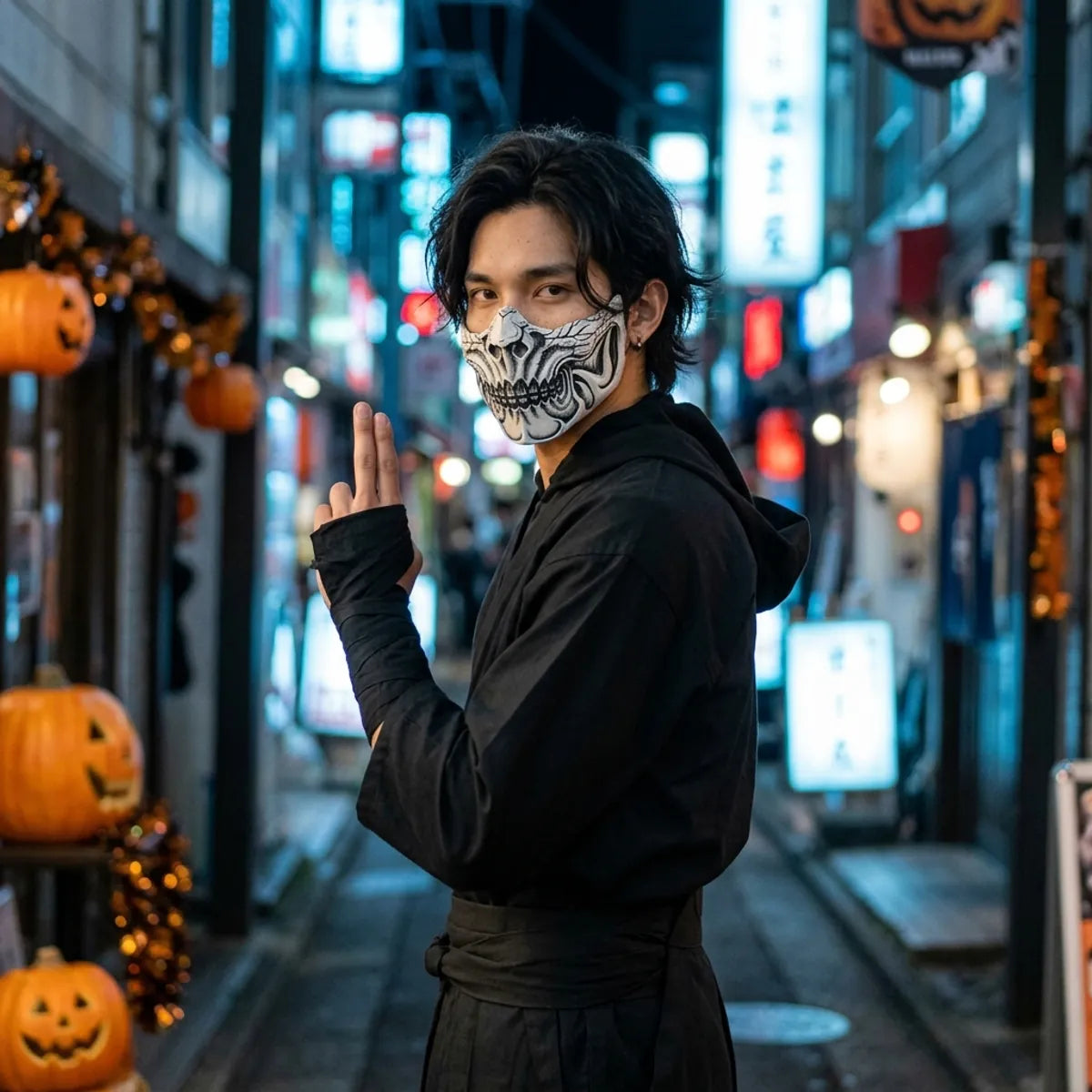 Halloween Totenkopfmaske kombiniert mit schwarzem Ninja-Outfit in einer leeren Straße in Tokio