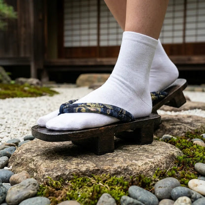 Nahaufnahme des marineblauen Hanao-Riemens mit goldenem Drachenmotiv auf Geta Sandalen