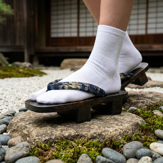 Nahaufnahme des marineblauen Hanao-Riemens mit goldenem Drachenmotiv auf Geta Sandalen