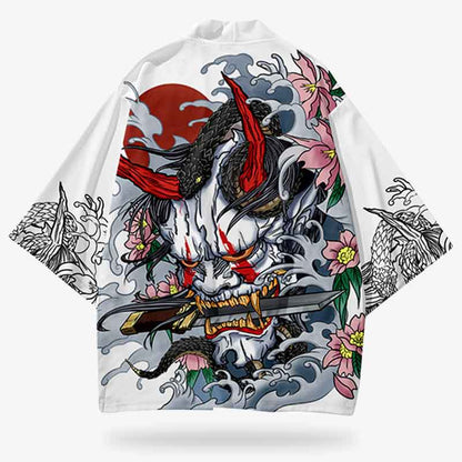 Kimono Oni Haori Jacke mit großem Hannya Dämonenmotiv und roten Akzenten