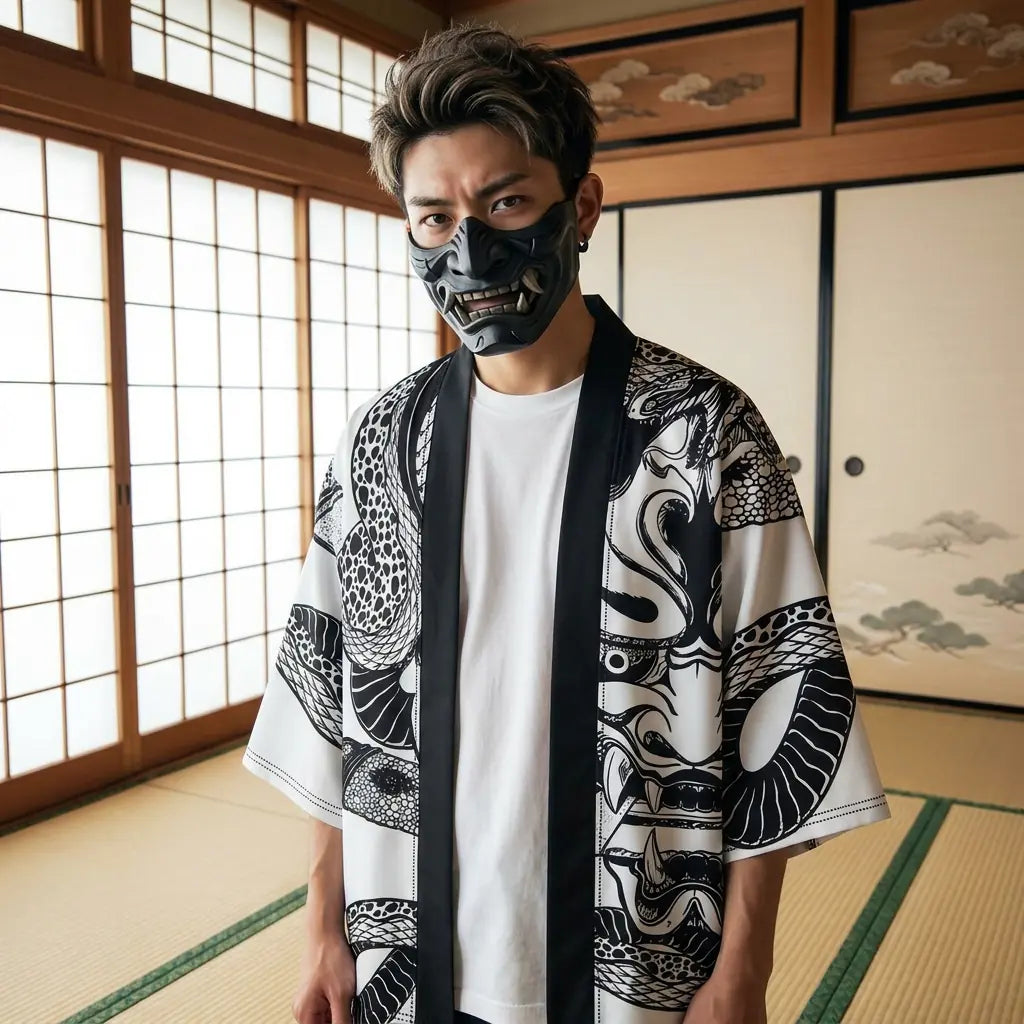 Hannya Kimono Haori Jacke mit Maskenprint und Wellenmuster in einem Tatami-Raum