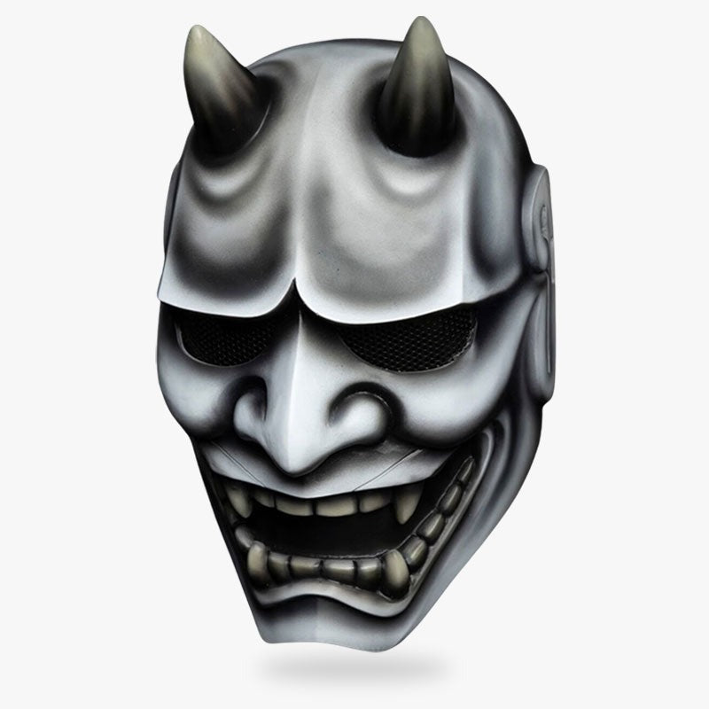 Graue Hannya Maske aus Fiberglas mit Hörnern und Fangzähnen
