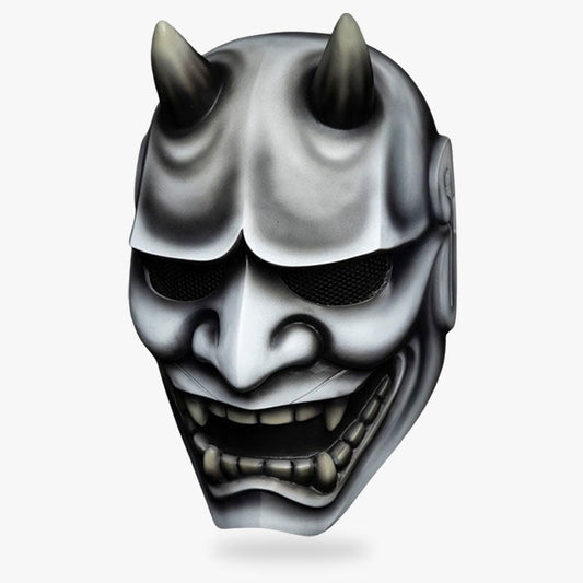 Graue Hannya Maske aus Fiberglas mit Hörnern und Fangzähnen