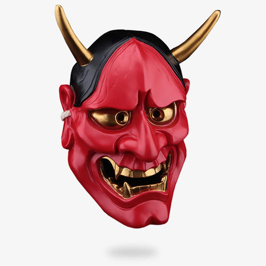 Rote Hannya Maske aus Fiberglas mit Hörnern und furchteinflößenden Zähnen