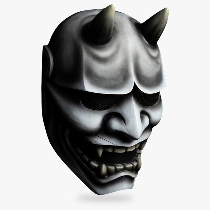 Weiße Hannya Maske mit Hörnern und Fangzähnen für Cosplay und Dekoration