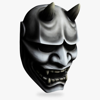 Weiße Hannya Maske mit Hörnern und Fangzähnen für Cosplay und Dekoration