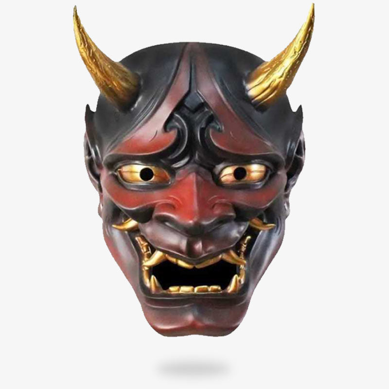 Rote Hannya Maske aus Fiberglas mit goldenen Hörnern und Zähnen