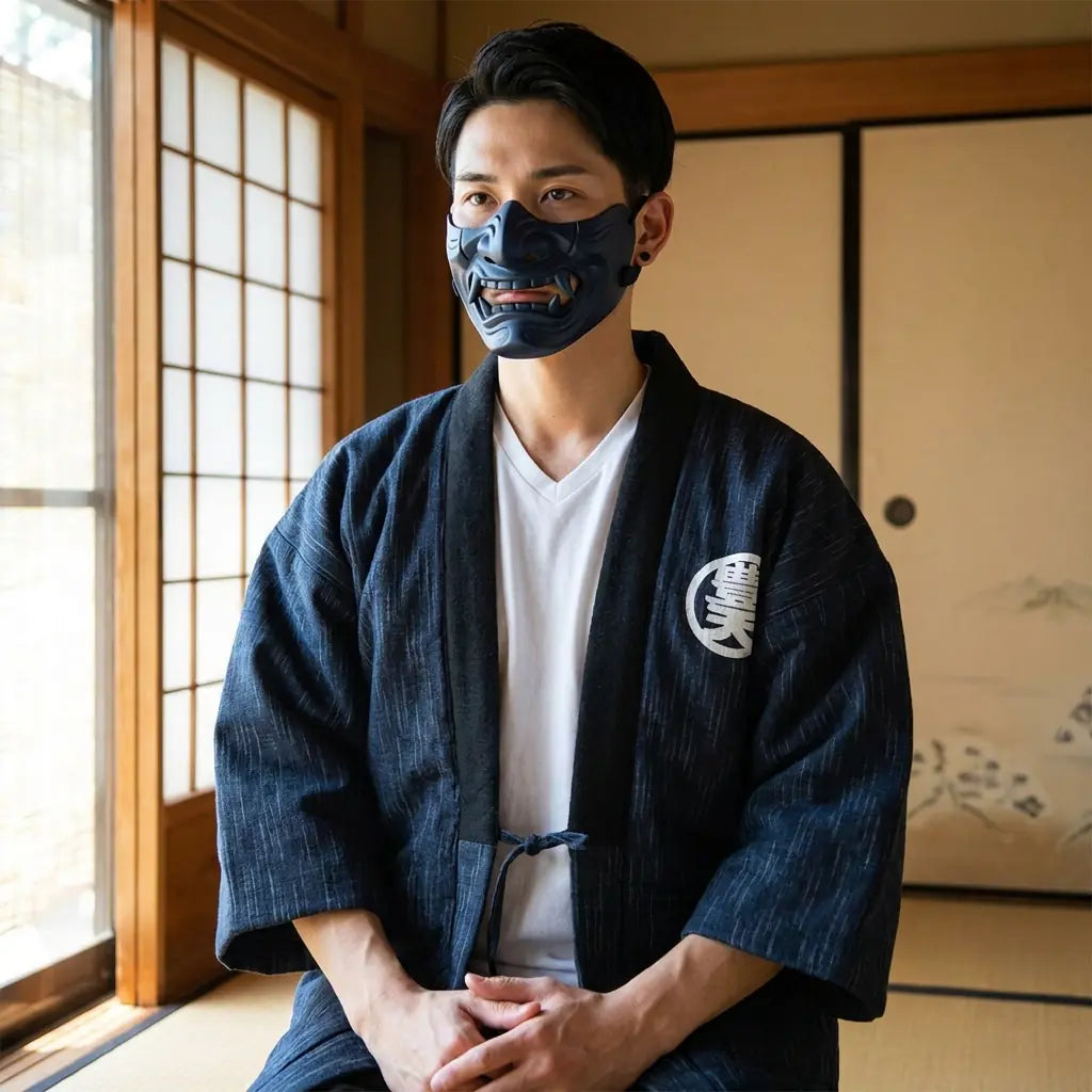 Hanten Jacke aus Baumwolle mit Kanji Muster in der Frontansicht