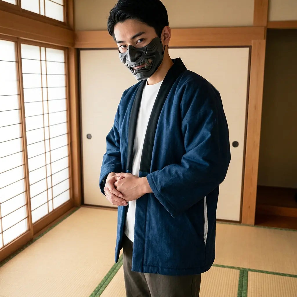Hanten Jacke Herren aus Baumwolle mit Koi-Karpfen Motiv in Marineblau