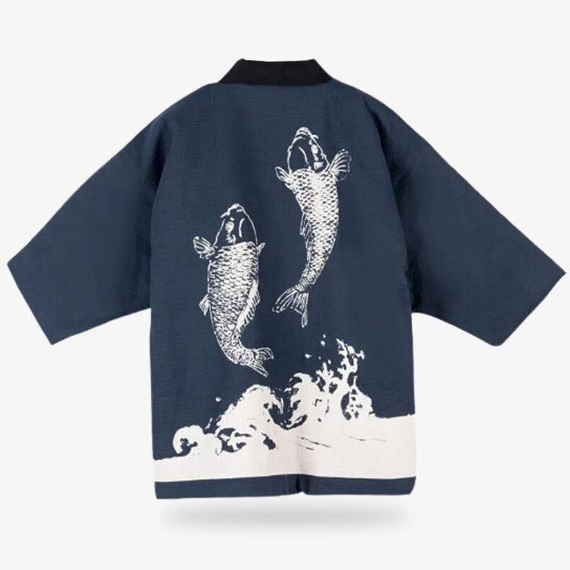 Hanten Jacke mit zwei weißen Koi-Karpfen auf dem Rücken in Marineblau