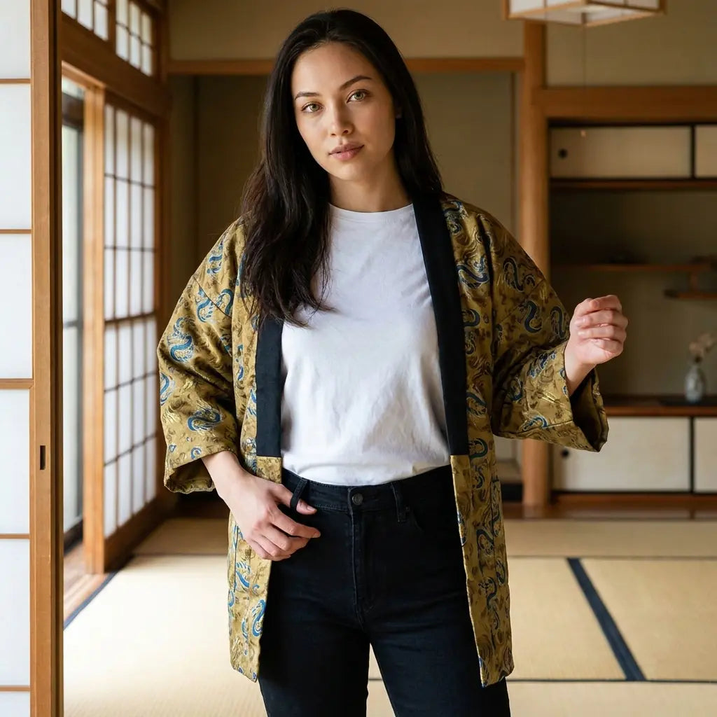 Hanten Jacke im traditionellen japanischen Stil mit geradem Schnitt