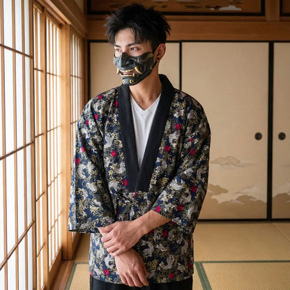 Hanten Mantel japanische Winterjacke mit Koi-Karpfen Motiv in Blau