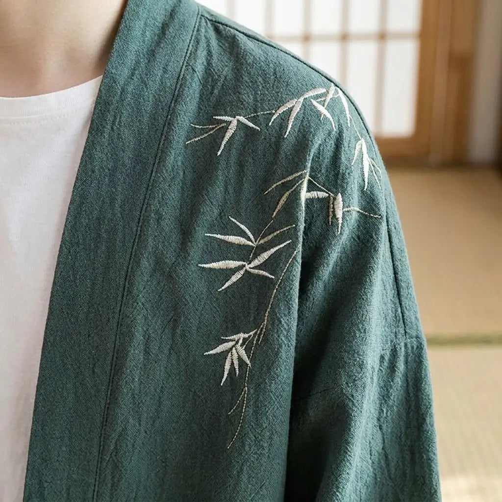 Nahaufnahme von Bambusmuster und Ärmel des Haori Kimono Cardigans